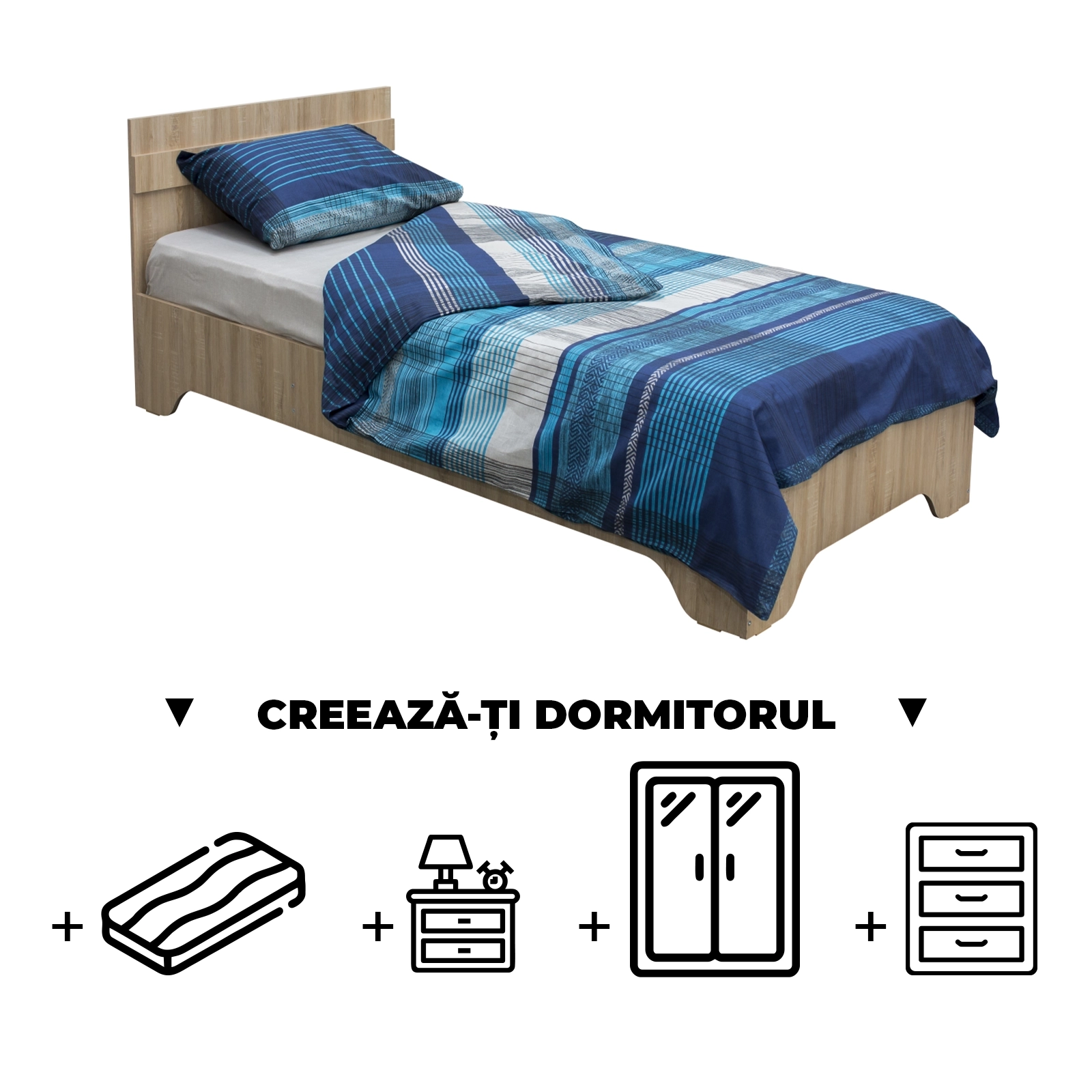 Creeaza-ti Dormitorul ALMA, sonoma deschis, de la Pat cu picioare Alma 90x200 cm, adauga Saltea, Noptiere, Comoda, Dulap