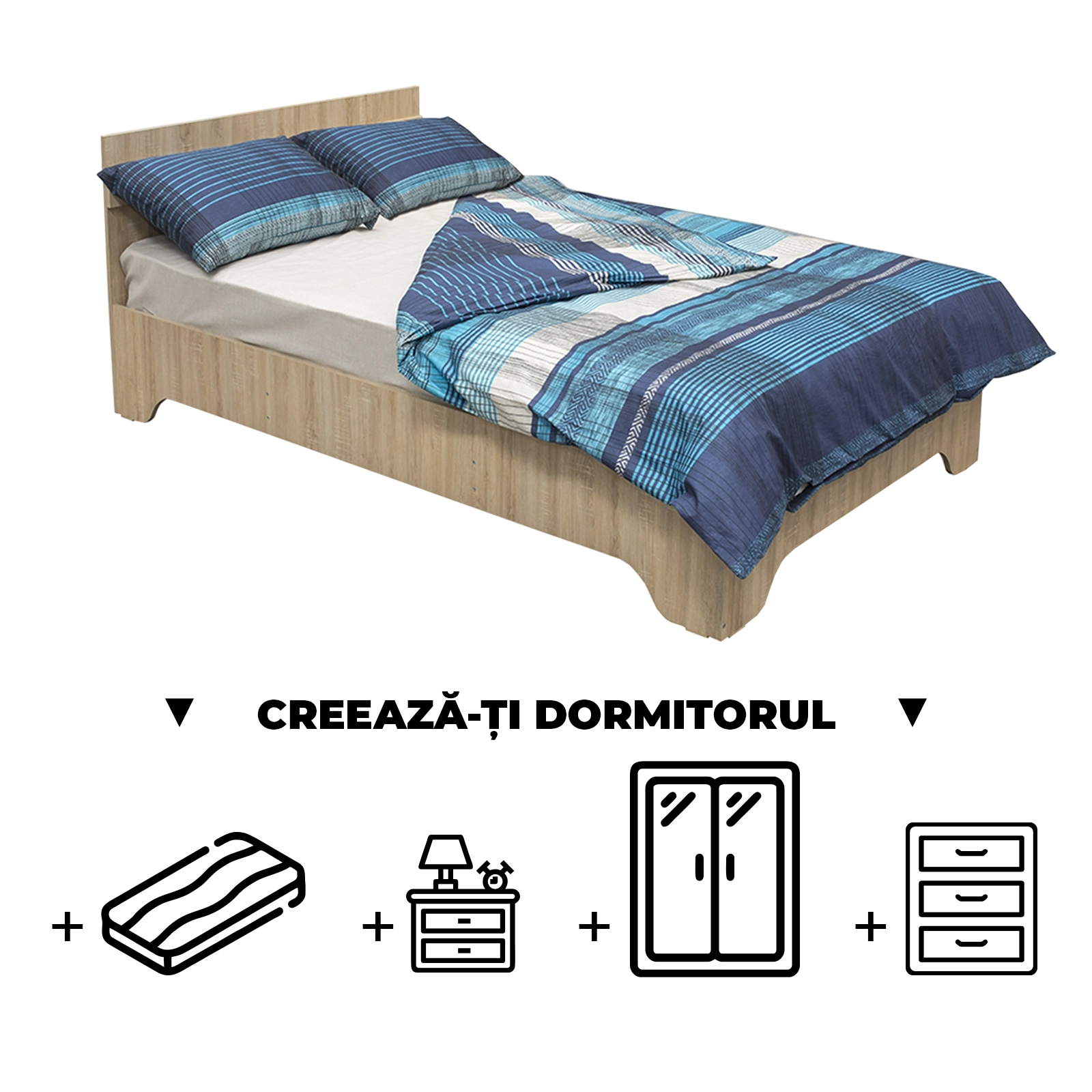 Creeaza-ti Dormitorul ALMA, sonoma deschis, de la Pat cu picioare Alma 120x200 cm, adauga Saltea, Noptiere, Comoda, Dulap