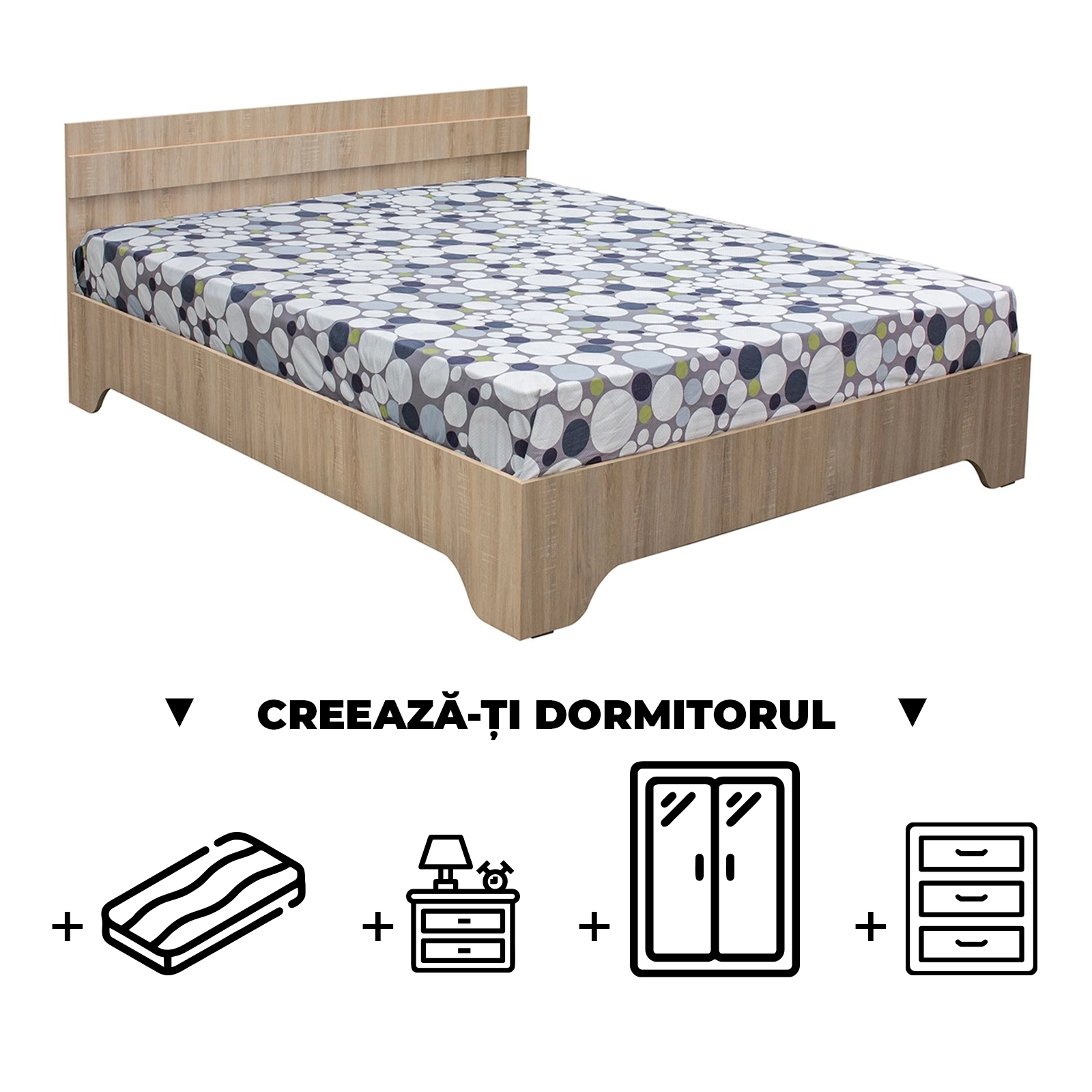 Creeaza-ti Dormitorul ALMA, sonoma deschis, de la Pat cu picioare Alma 140x200 cm, adauga Saltea, Noptiere, Comoda, Dulap