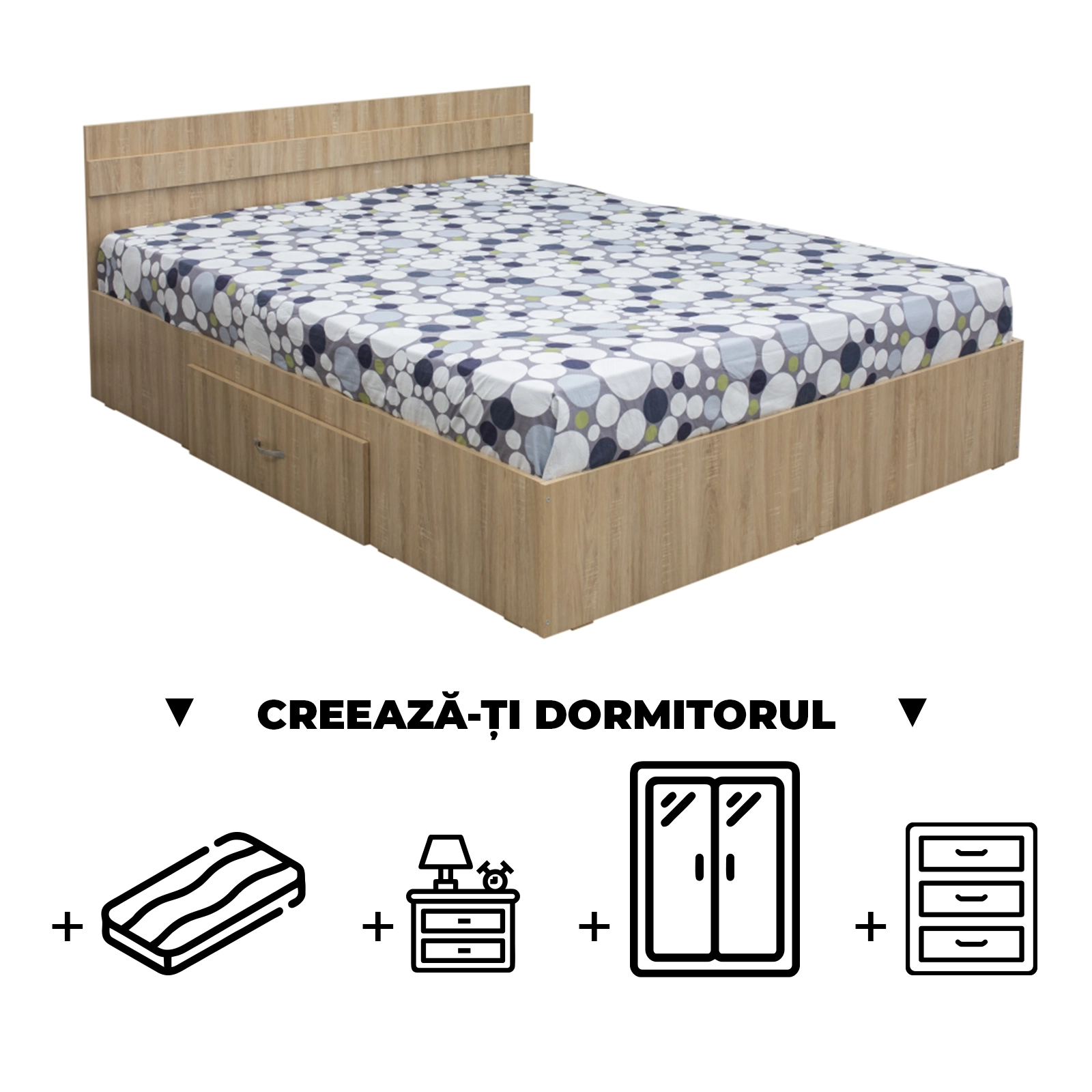 Creeaza-ti Dormitorul ALMA, sonoma deschis, de la Pat cu sertar Alma 140x200 cm, adauga Saltea, Noptiere, Comoda, Dulap