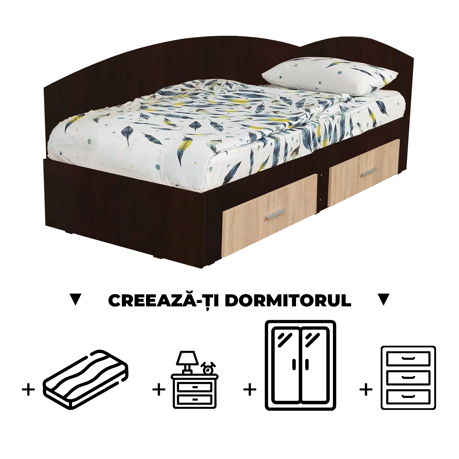 Creeaza-ti Dormitorul ALMA, sonoma inchis + sonoma deschis, de la Pat Colt Alma 120x200 cm, cu 2 sertare laterale pe role, adauga Saltea, Noptiere, Comoda, Dulap