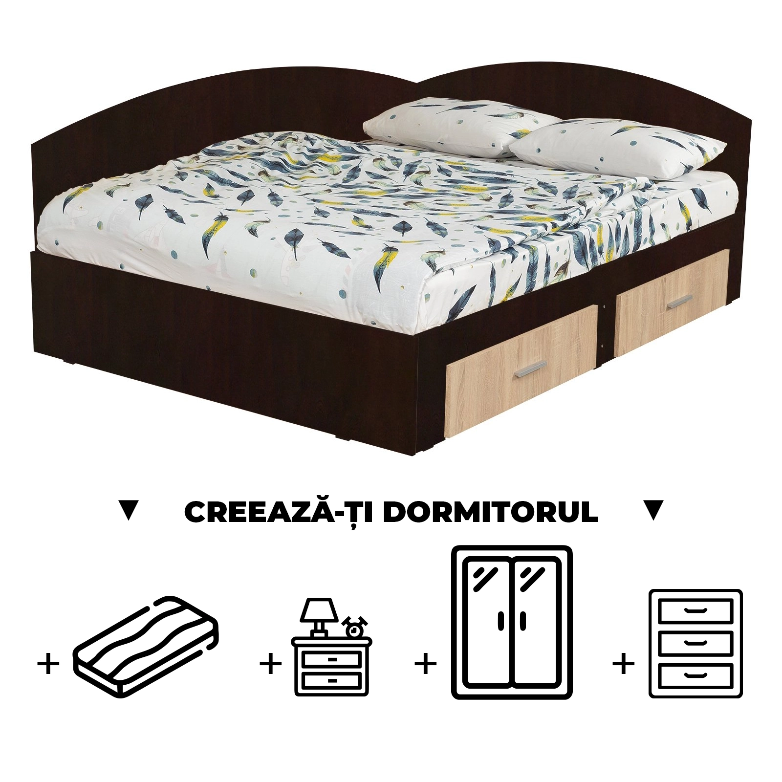 Creeaza-ti Dormitorul ALMA, sonoma inchis + sonoma deschis, de la Pat Colt Alma 140x200 cm, cu 2 sertare laterale pe role, adauga Saltea, Noptiere, Comoda, Dulap