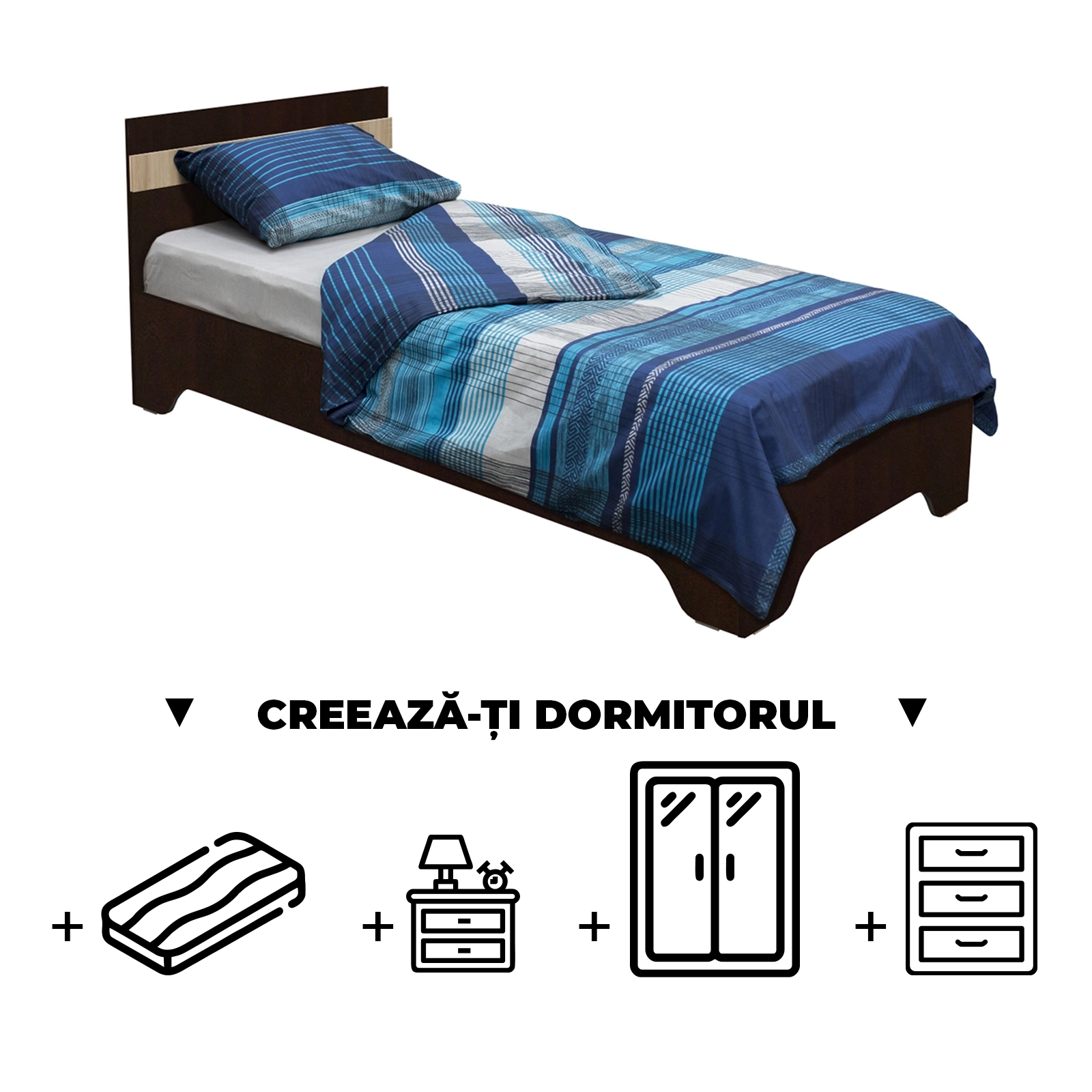 Creeaza-ti Dormitorul ALMA, sonoma inchis + sonoma deschis, de la Pat cu picioare Alma 90x200 cm, adauga Saltea, Noptiere, Comoda, Dulap