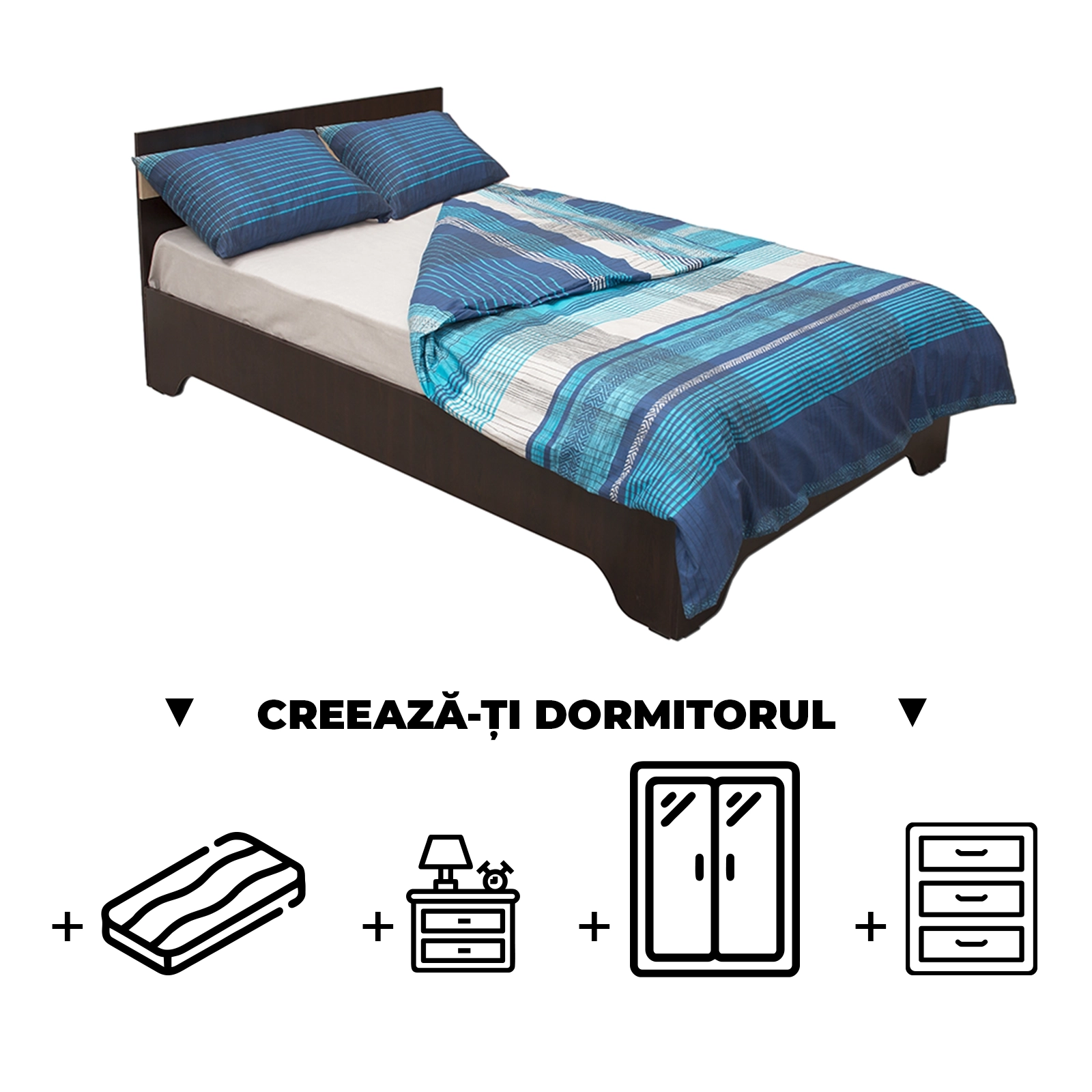 Creeaza-ti Dormitorul ALMA, sonoma inchis + sonoma deschis, de la Pat cu picioare Alma 120x200 cm, adauga Saltea, Noptiere, Comoda, Dulap