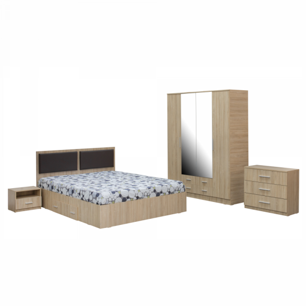 Dormitor complet OFELIA, Dulap 4 usi, Pat 160x200 cu Tablie tapitata si sertar, 2 noptiere si comoda 3S