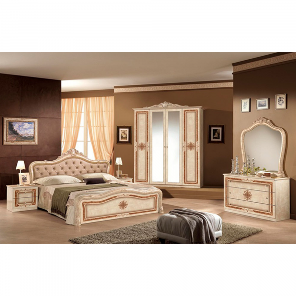 Set Dormitor LUISA, 5 piese, pat 160x200 cm, dulap 4 usi, comoda cu oglinda, 2 noptiere, corp alb, fronturi argintiu - ExpoMob [1]