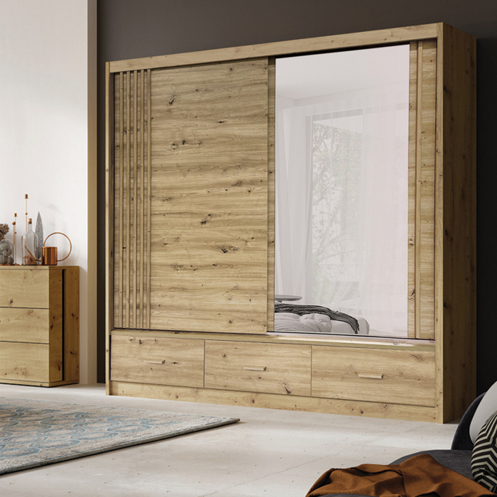 Dulap CANADA CA1-200, usi glisante, 3 sertare, 5 rafturi, bara de haine, oglinda, stejar artisan, 200x60x215 cm - ExpoMob [4]