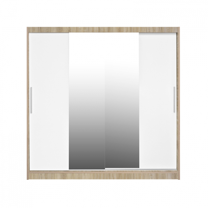 Dulap CORFU 04, usi glisante si oglinda, corp sonoma + usi alb, 200x60x200 cm
