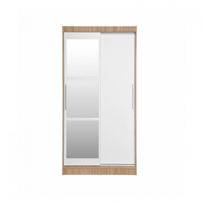Dulap KOSS 02, cu usi glisante si oglinda, corp sonoma + usi alb, 100x60x200 cm