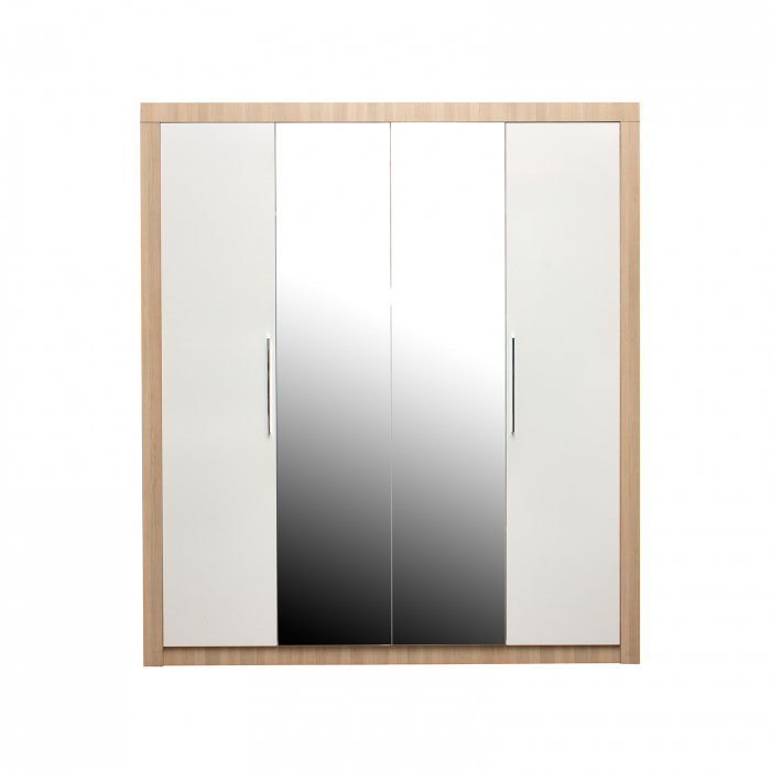 Dulap OSLO, oglinzi, 4 usi, 6 rafturi, bara de haine, corp kiruna, fronturi alb lucios, 180x55x204,5 cm