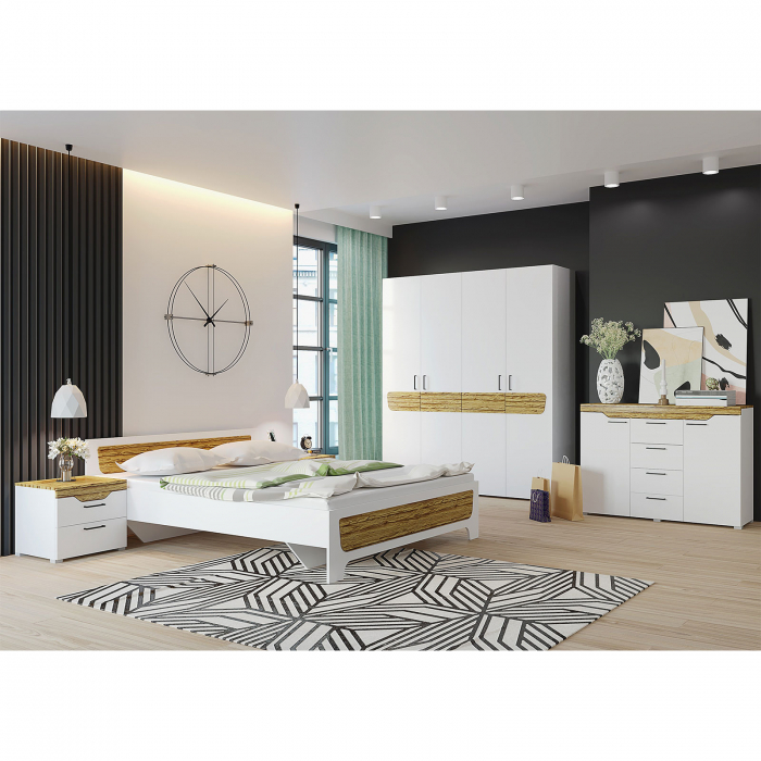 Set Dormitor MILANA, 5 piese, pat 160x200 cm, dulap 4 usi, comoda, 2 noptiere, corp PAL alb, fronturi PAL alb cu decor MDF - ExpoMob [1]