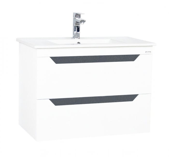 Set Baza front MDF si Lavoar, seria 056, 70 cm, suspendata cu sertare, alb antracit