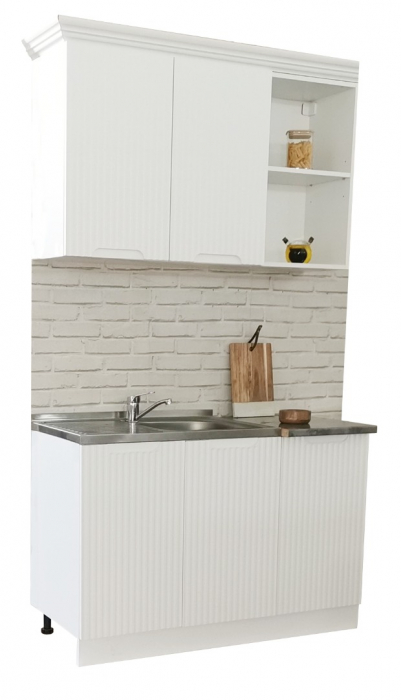 Set bucatarie SPACE 120 cm, 2 corpuri, blat termorezistent, fronturi MDF, alb antichizat [3]