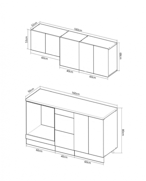 Set bucatarie SPACE 160 cm, 6 corpuri, blat termorezistent, fronturi MDF, alb rustic [3]