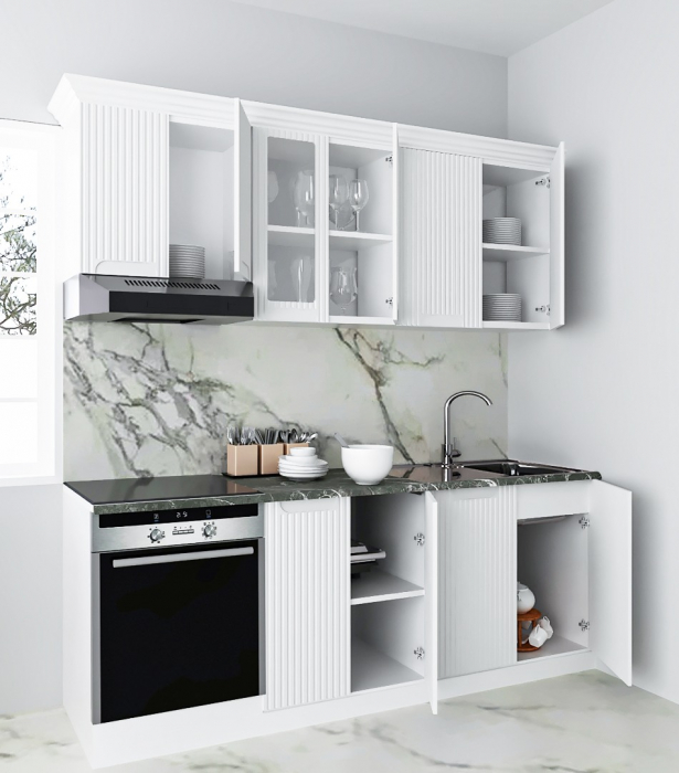 Set bucatarie SPACE 200 cm, 6 corpuri, blat termorezistent, fronturi MDF, alb rustic [2]