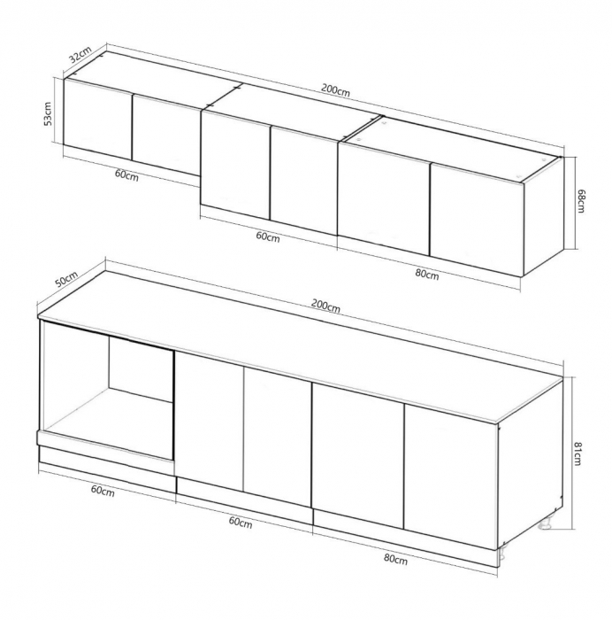 Set bucatarie SPACE 200 cm, 6 corpuri, blat termorezistent, fronturi MDF, alb rustic [3]