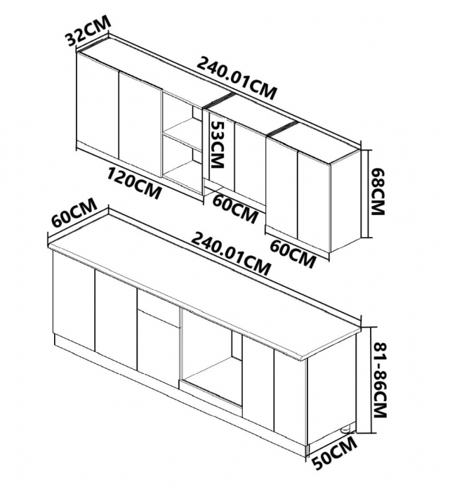 Set bucatarie SPACE 240.01 cm, 6 corpuri, blat termorezistent, fronturi MDF, alb rustic [3]