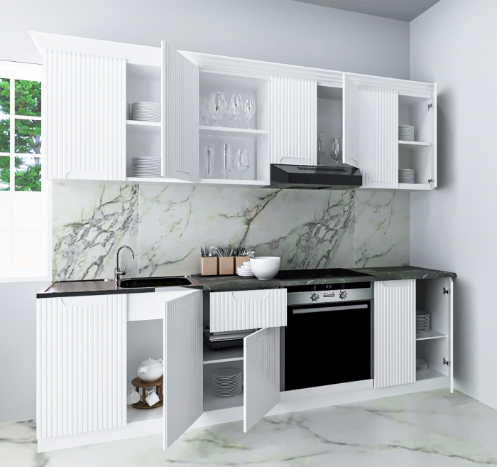 Set bucatarie SPACE 240.01 cm, 6 corpuri, blat termorezistent, fronturi MDF, alb rustic [2]