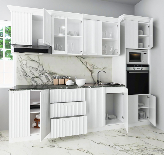 Set bucatarie SPACE 260 cm, 7 corpuri, blat termorezistent, fronturi MDF, alb rustic [5]