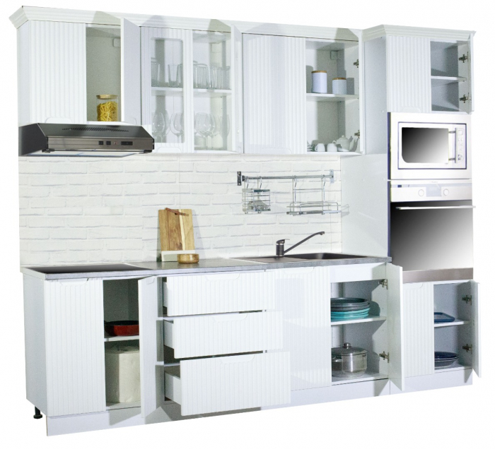 Set bucatarie SPACE 260 cm, 7 corpuri, blat termorezistent, fronturi MDF, alb rustic [3]