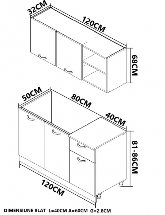 Set bucatarie SPACE 120 cm 1 sertar, 2 corpuri, blat termorezistent, fronturi MDF, alb antichizat [3]