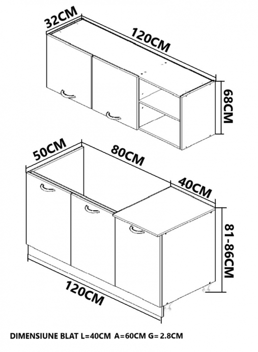 Set bucatarie SPACE 120 cm, 2 corpuri, blat termorezistent, fronturi MDF, alb antichizat [5]