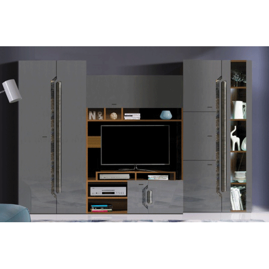 Set Living DAVOS Z.P., 4 corpuri, cu lumini LED si soft close, corp PAL nuc inchis, fronturi MDF gri si Comoda DAVOS D/12, 3 usi si 3 sertare [2]