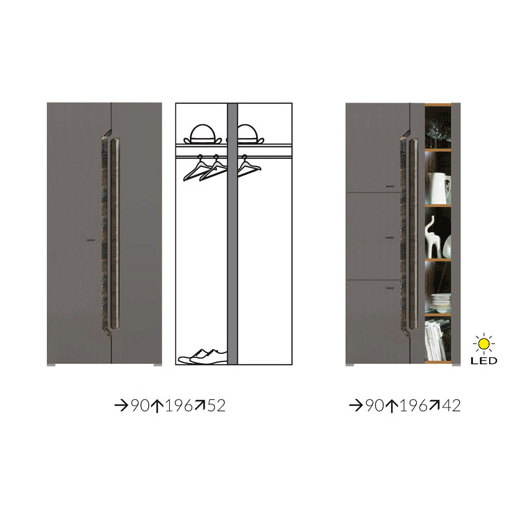 Living DAVOS Z.P., 4 corpuri, cu lumini LED si soft close, corp PAL nuc inchis, fronturi MDF gri, 310x58x196 cm [3]