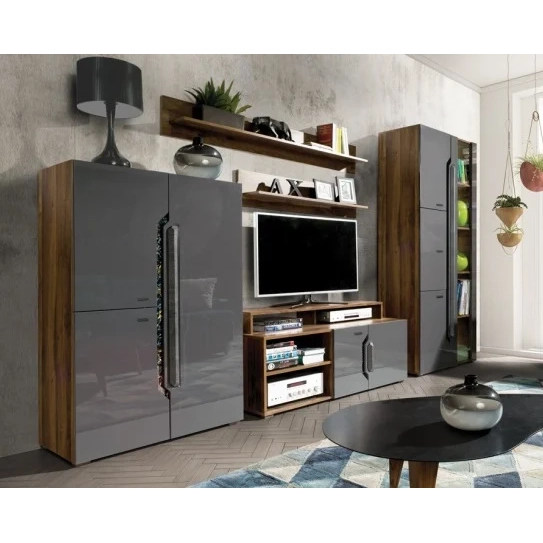 Living DAVOS Z.A.,6 corpuri, cu lumini LED si soft close, corp PAL nuc inchis, fronturi MDF gri, 310x196x58 cm - ExpoMob [2]