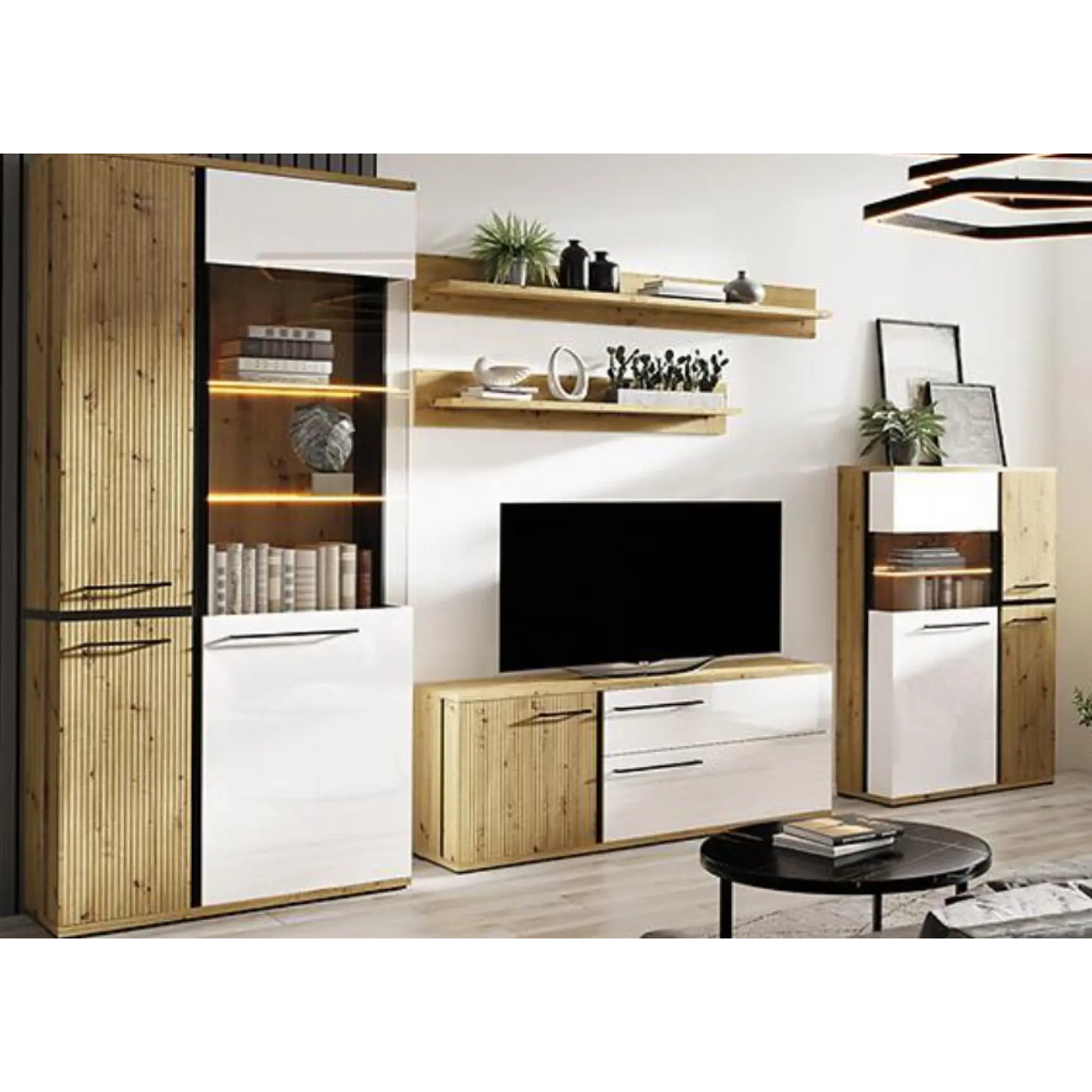 Living MOLTO Z.A, 5 corpuri, corp artisan, fronturi MDF artisan + alb, 336x53x201 cm