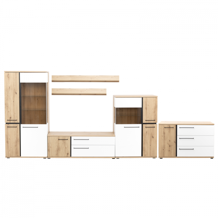 Living MOLTO Z.A, 5 corpuri si Comoda ML12, cu usa si 3 sertare, corp artisan, fronturi MDF artisan + alb, 466x53x201 cm