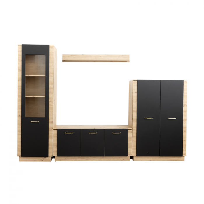 Living SOFIA Z.A., 4 corpuri, corp artisan, fronturi MDF artisan + negru, 290x39x198 cm