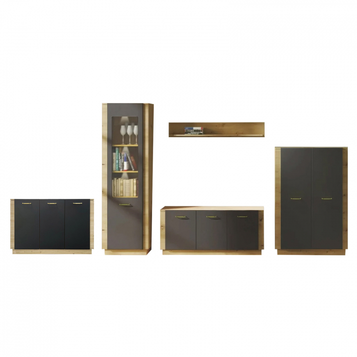 Set Living SOFIA Z.A., 4 corpuri si Comoda SO 12, 2 usi, soft close, corp artisan, fronturi MDF artisan + negru, 430x39x198 cm