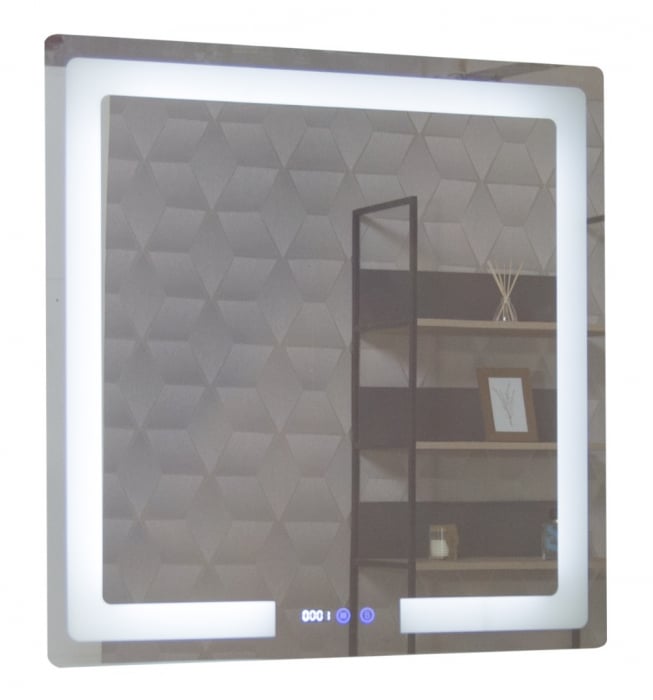 Oglinda cu iluminare LED, functie dezaburire, ceas si termometru, MD1, 80x80 cm