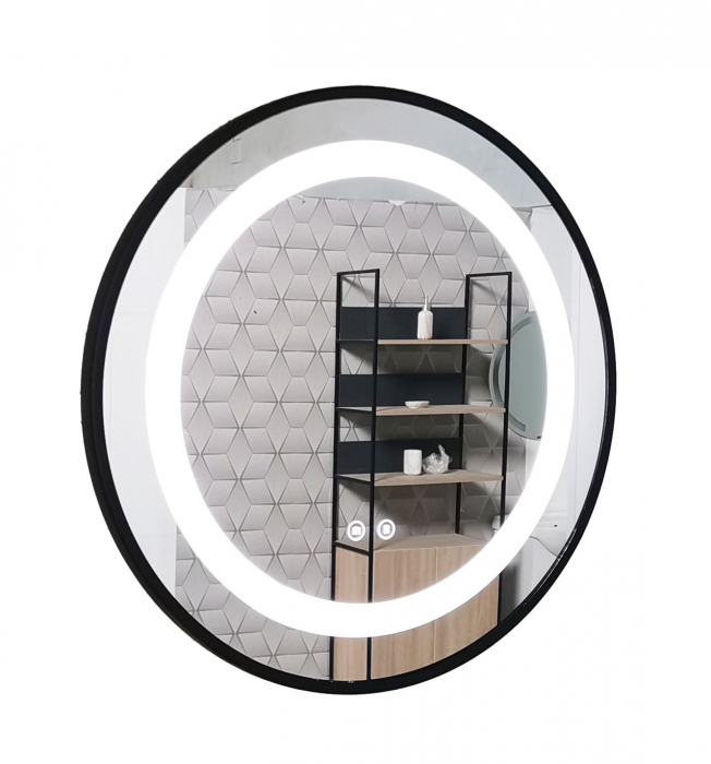 Oglinda cu iluminare LED si functie dezaburire, MD3, rama neagra, diametru 60 cm