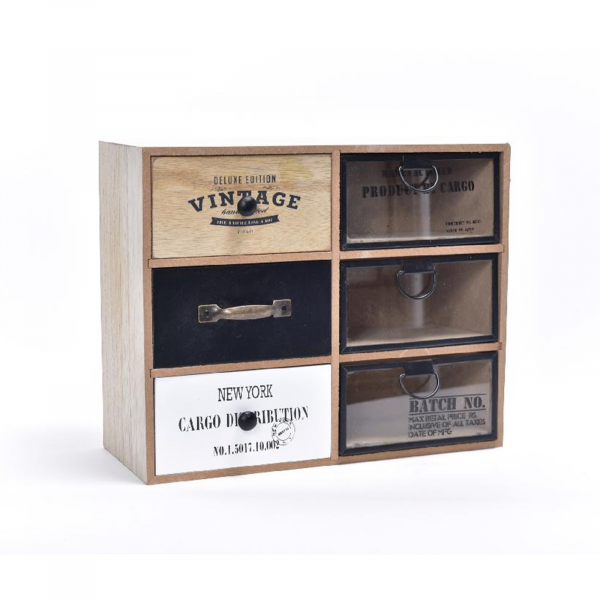 Organizator din lemn si metal, 6 sertare, 29,5x12x23,6 cm