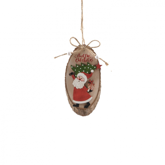 Ornament de agatat Mos Craciun pe trunchi, cu brad, 6x13 cm