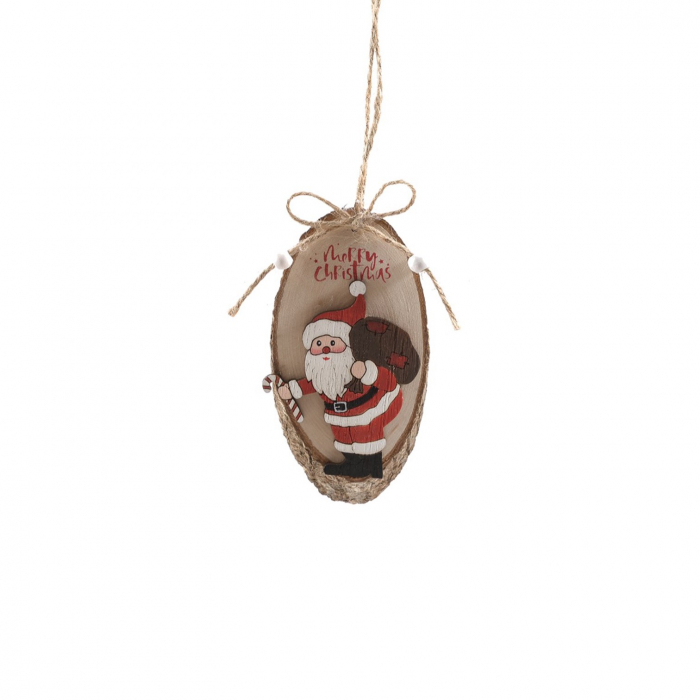 Ornament de agatat Mos Craciun pe trunchi, cu sac, 6x13 cm