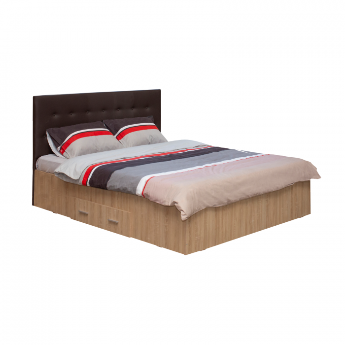 Pat ofelia ii, cu tablie tapitata, 140x200 cm, sertar, sonoma deschis + piele ecologica wenge