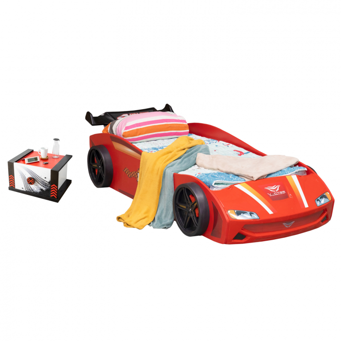 Pat pentru copii masina ECO VECTOR, rosu, 90x190 cm + Noptiera SPORT, 45x57x34