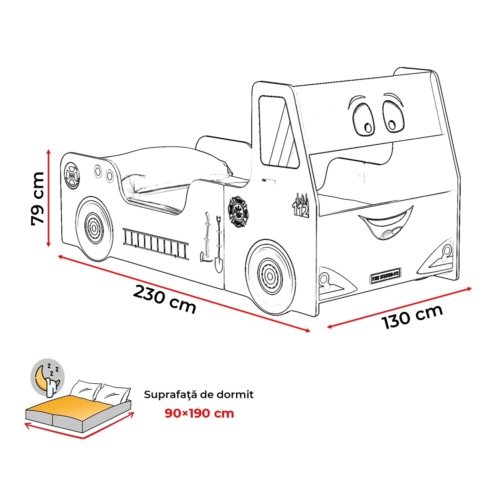 Pat pentru copii masina FIRE TRUCK, rosu + Saltea Superortopedica cu arcuri, 90x190 cm [10]