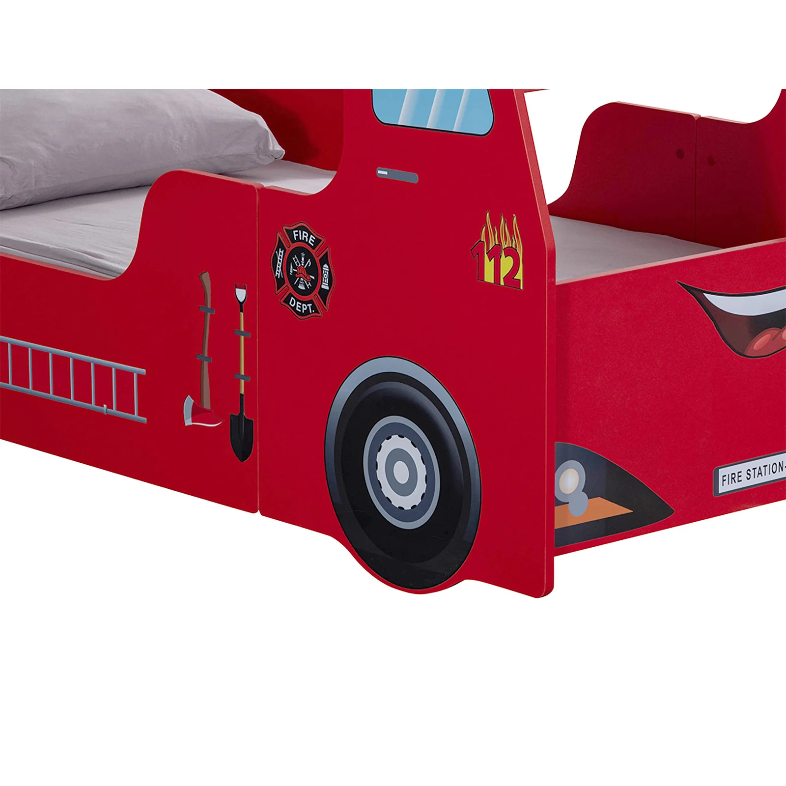 Pat pentru copii masina FIRE TRUCK, rosu + Saltea Superortopedica cu arcuri, 90x190 cm [8]