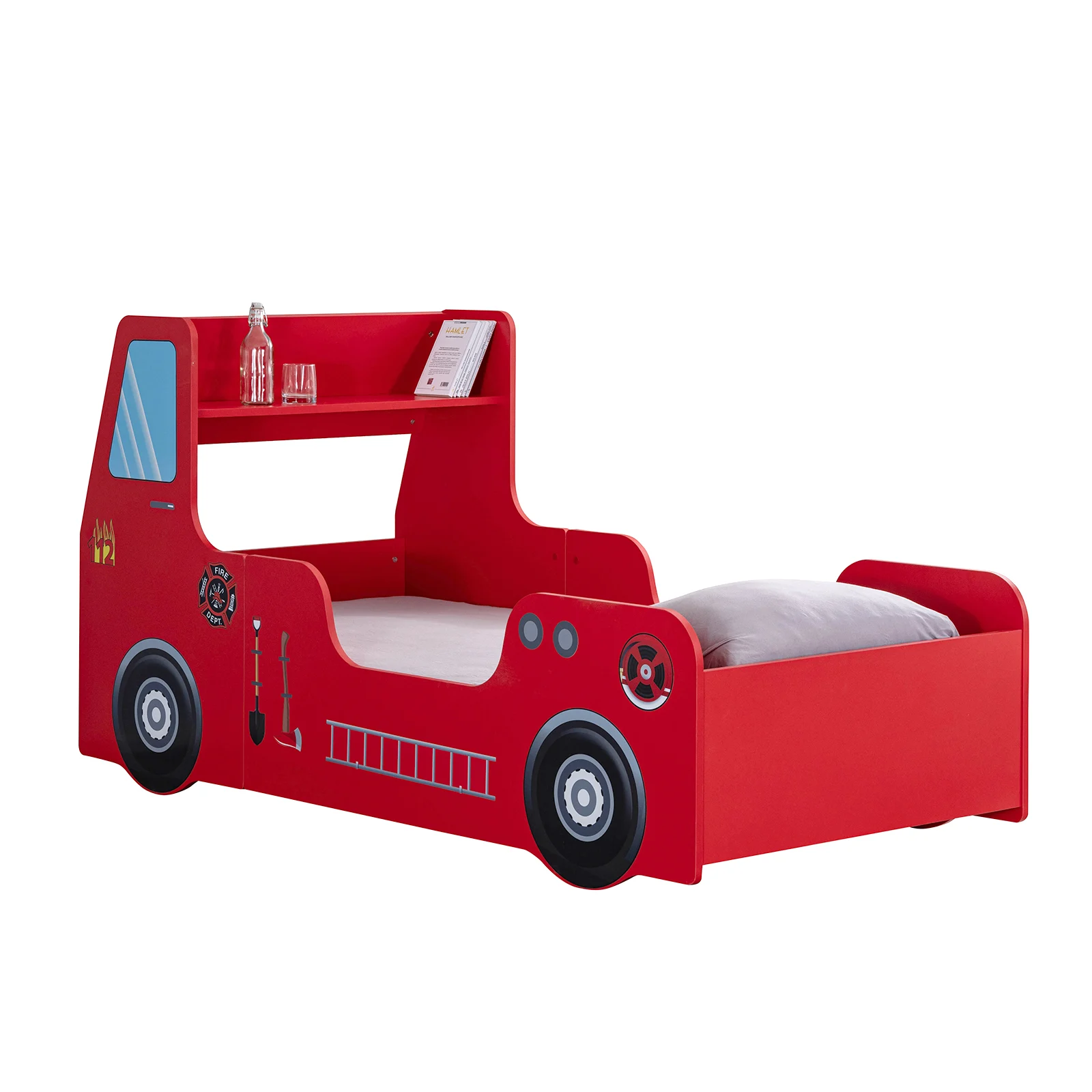 Pat pentru copii masina FIRE TRUCK, rosu + Saltea Superortopedica cu arcuri, 90x190 cm [5]