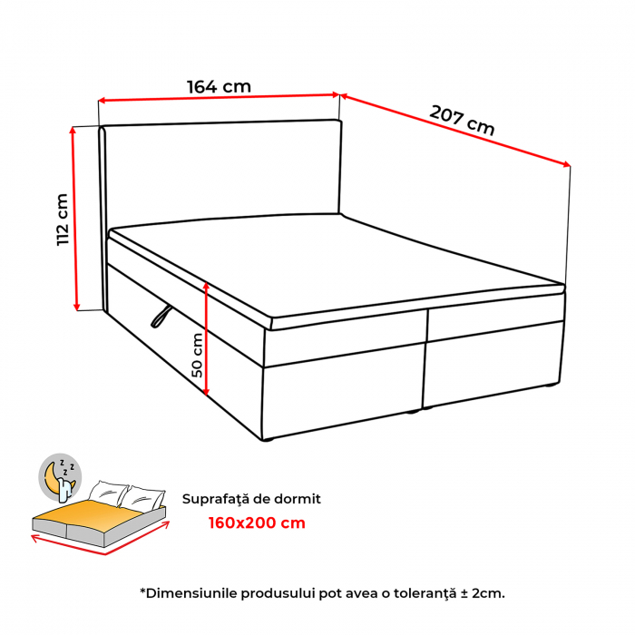 Pat tapitat BOXSPRING, 160x200 cm, cu sezut rabatabil, spatiu depozitare [6]