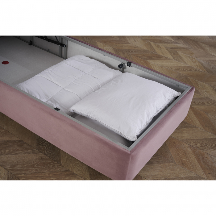 Pat tapitat ROSE 90x200 cm, cu saltea inclusa, somiera rabatabila si spatiu depozitare, stofa roz [8]