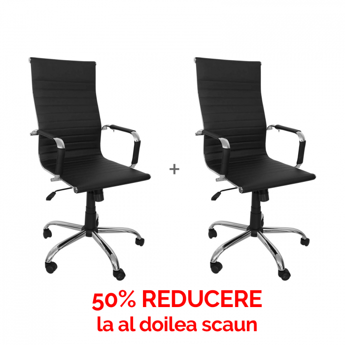 Set 2 scaune de birou melia, 1 + 1 cu 50% reducere, cu brate, rotativ, ajustabil, imitatie de piele, negru, 48x48x113 123 cm