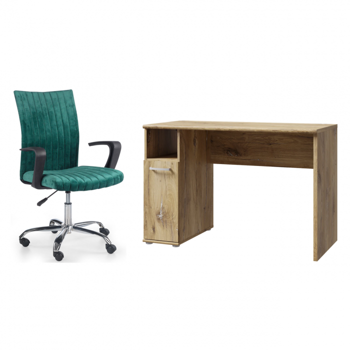 Set birou NIKO PAN, stejar deschis Flagstaff, 110x51x73,5 cm si scaun de birou DORAL, verde, 55x58x98 cm