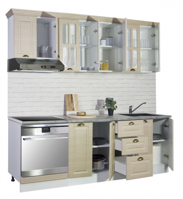Set bucatarie SQUARE 220 cm, 8 corpuri, blat termorezistent, fronturi MDF, fag rustic [2]