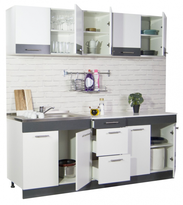 Set bucatarie SARONA 200.01 cm, 6 corpuri, blat PAL, alb + antracit [2]