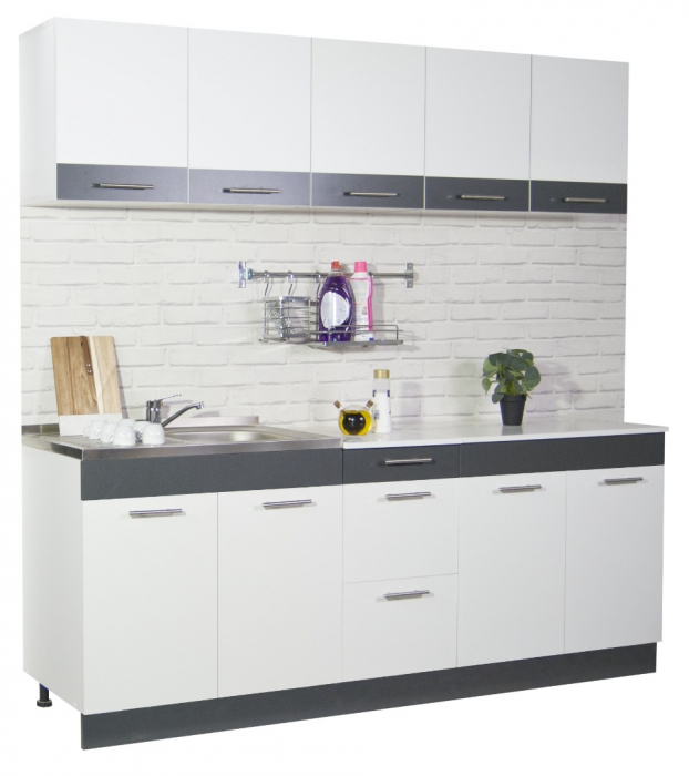 Set bucatarie SARONA 200.01 cm, 6 corpuri, blat PAL, alb + antracit [1]